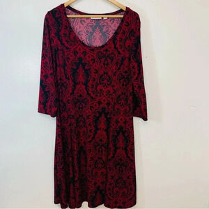 Susan Graver Liquid Knit Dress Medium  Red Black Printed 3/4 Sleeve A Line Work